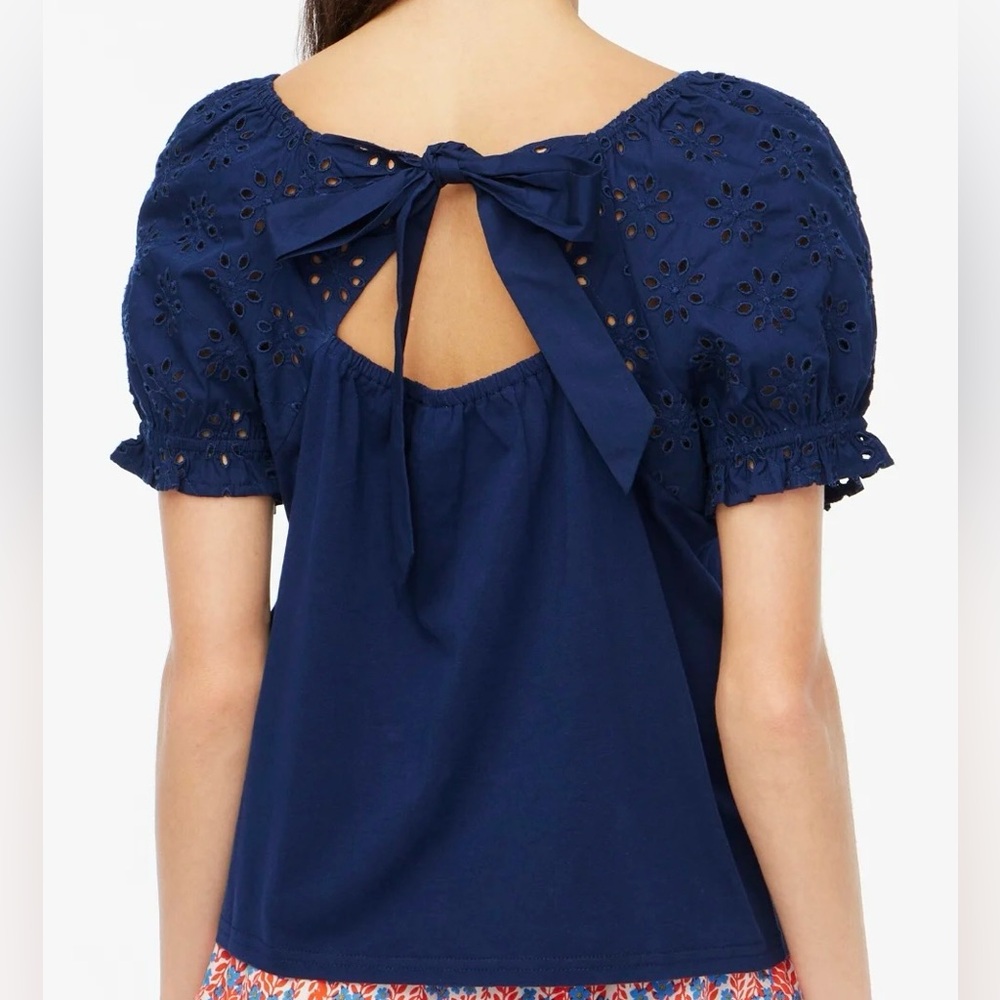 NWT J. Crew Navy Blue Eyelet Tie-Back 100% Cotton Top Size XL